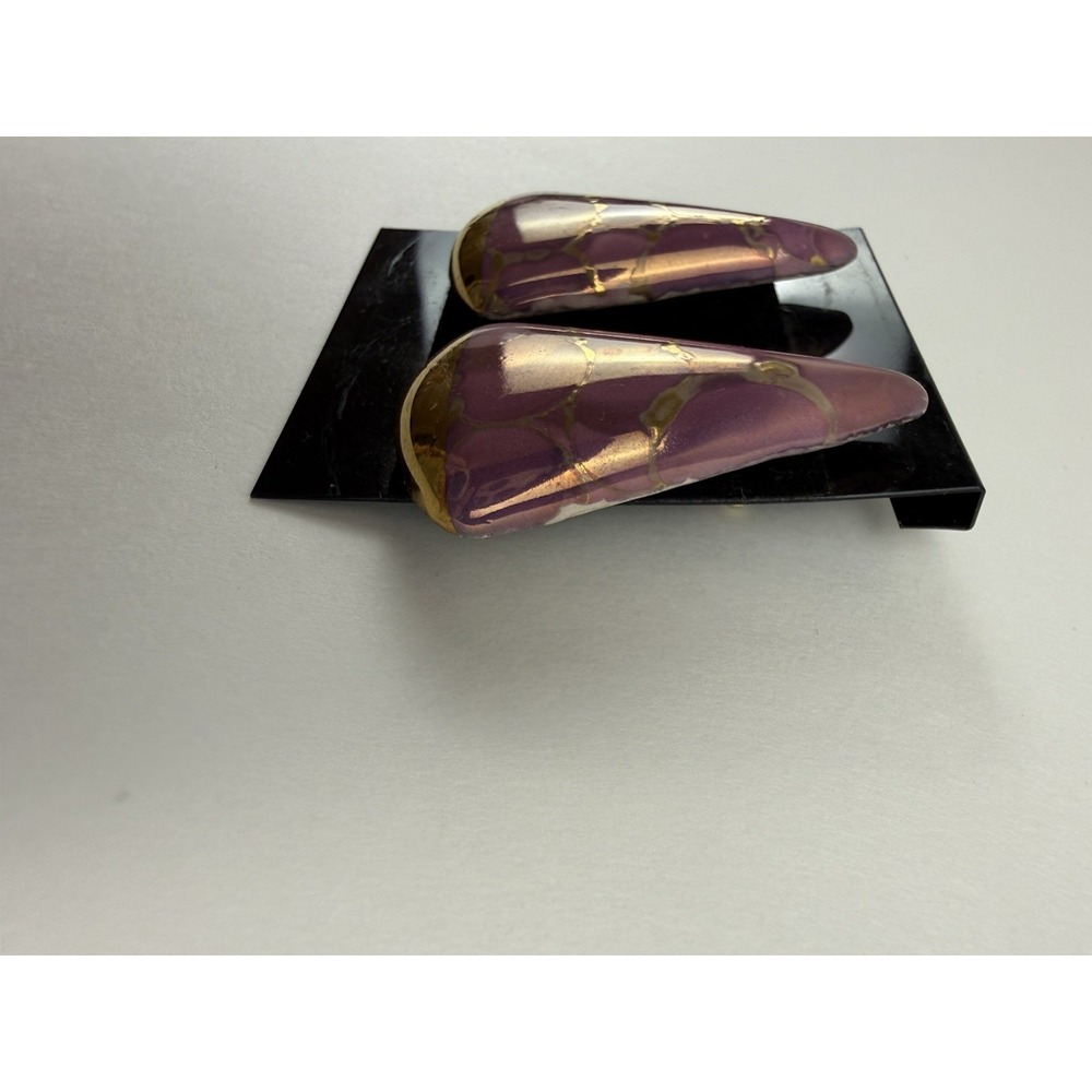 Vintage 80s Pink Gold Marbled Ceramic Triangle Statement Pierced Retro Earrings - Picture 5 of 9